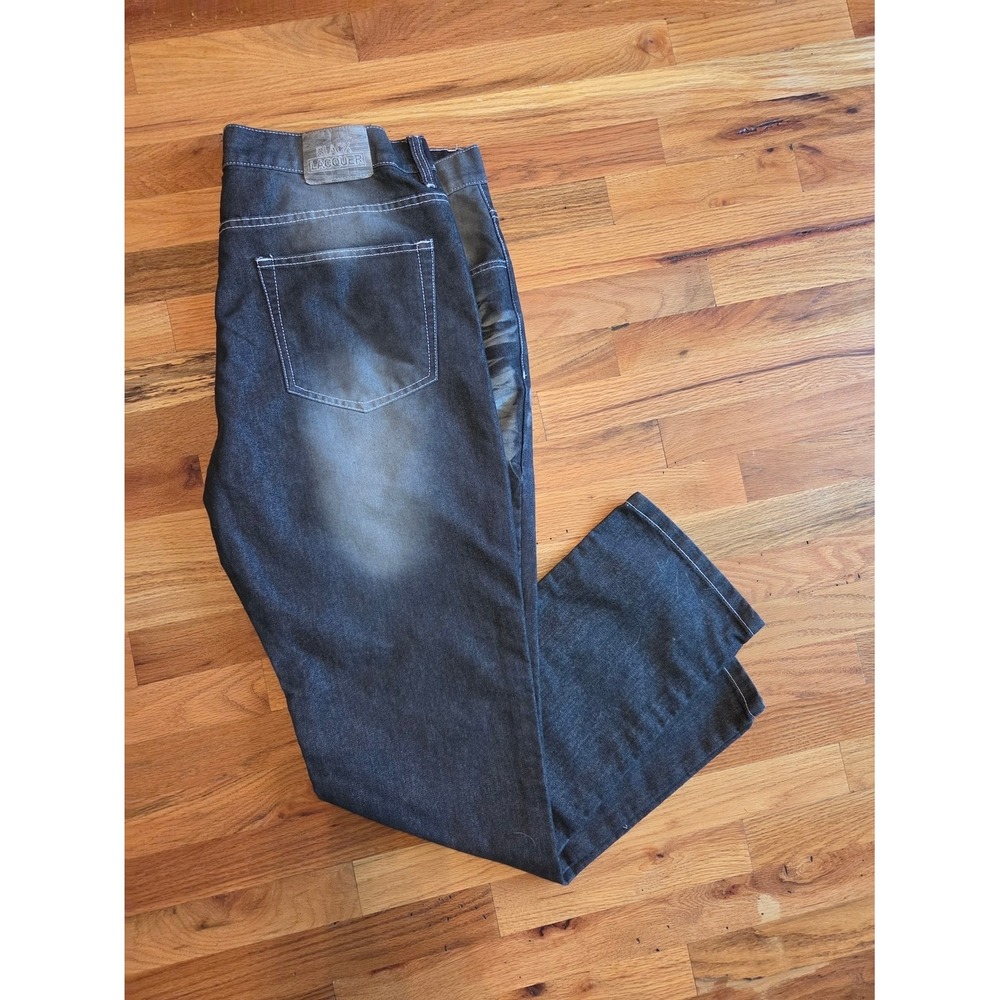 Y2k Black Laquer Jeans Men's 42 Black Gray Straight Contrast Stitching Grunge